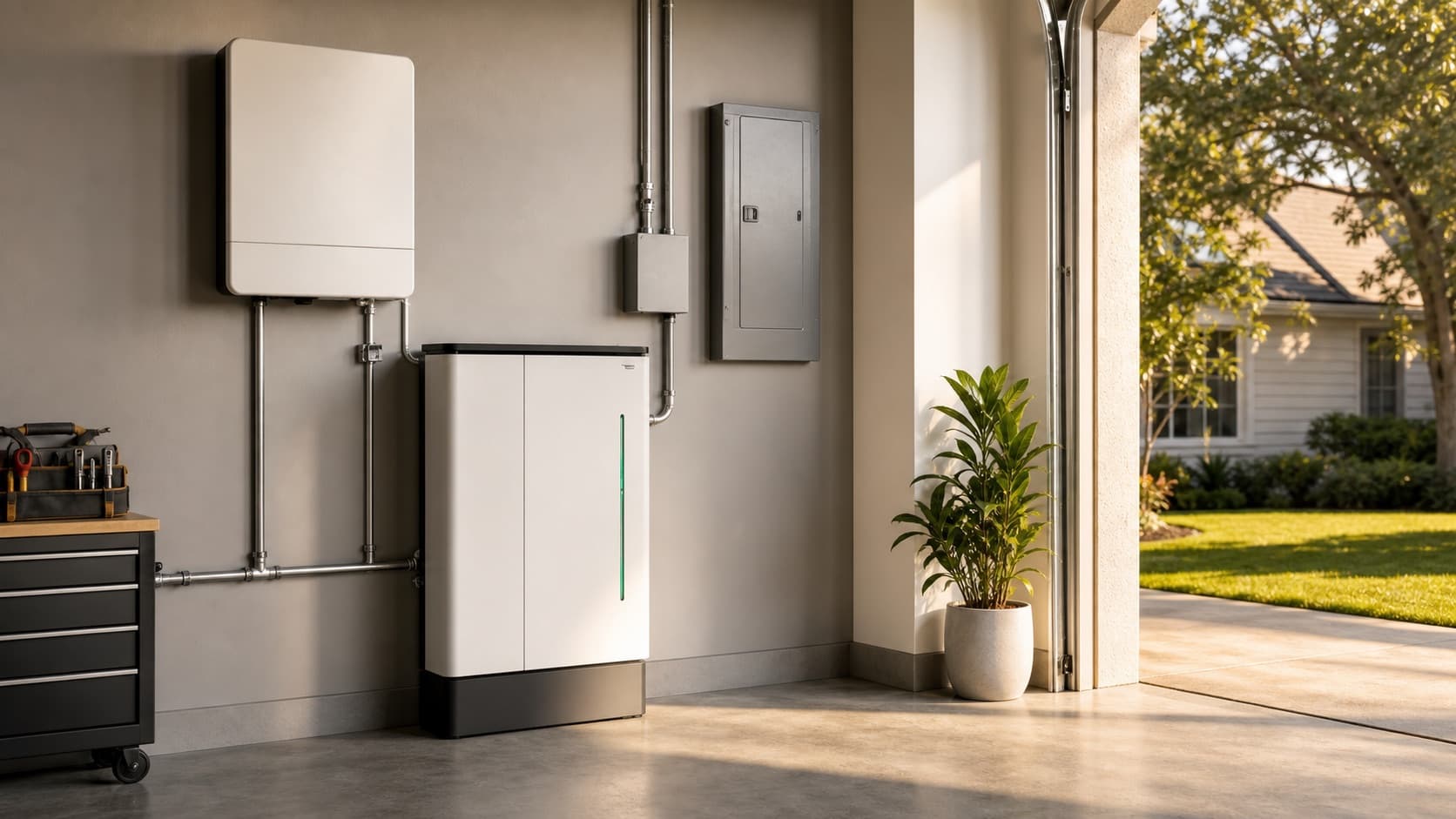 Clean home battery and inverter installation on a residential utility wall