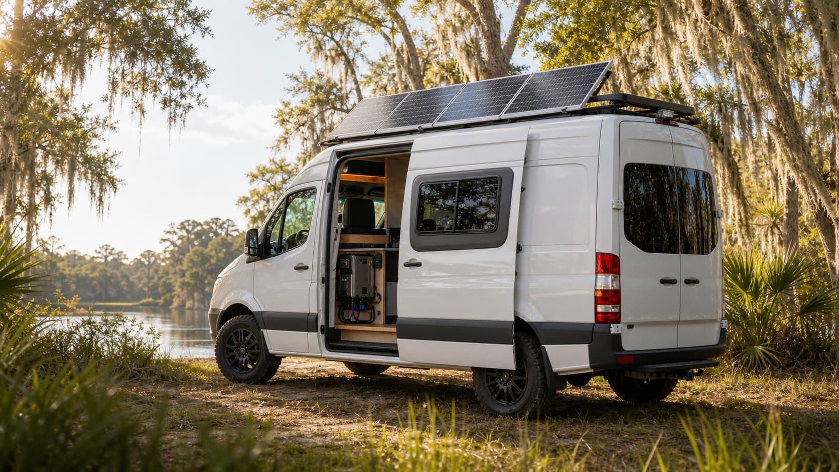 Campervan with rooftop solar panels parked outdoors