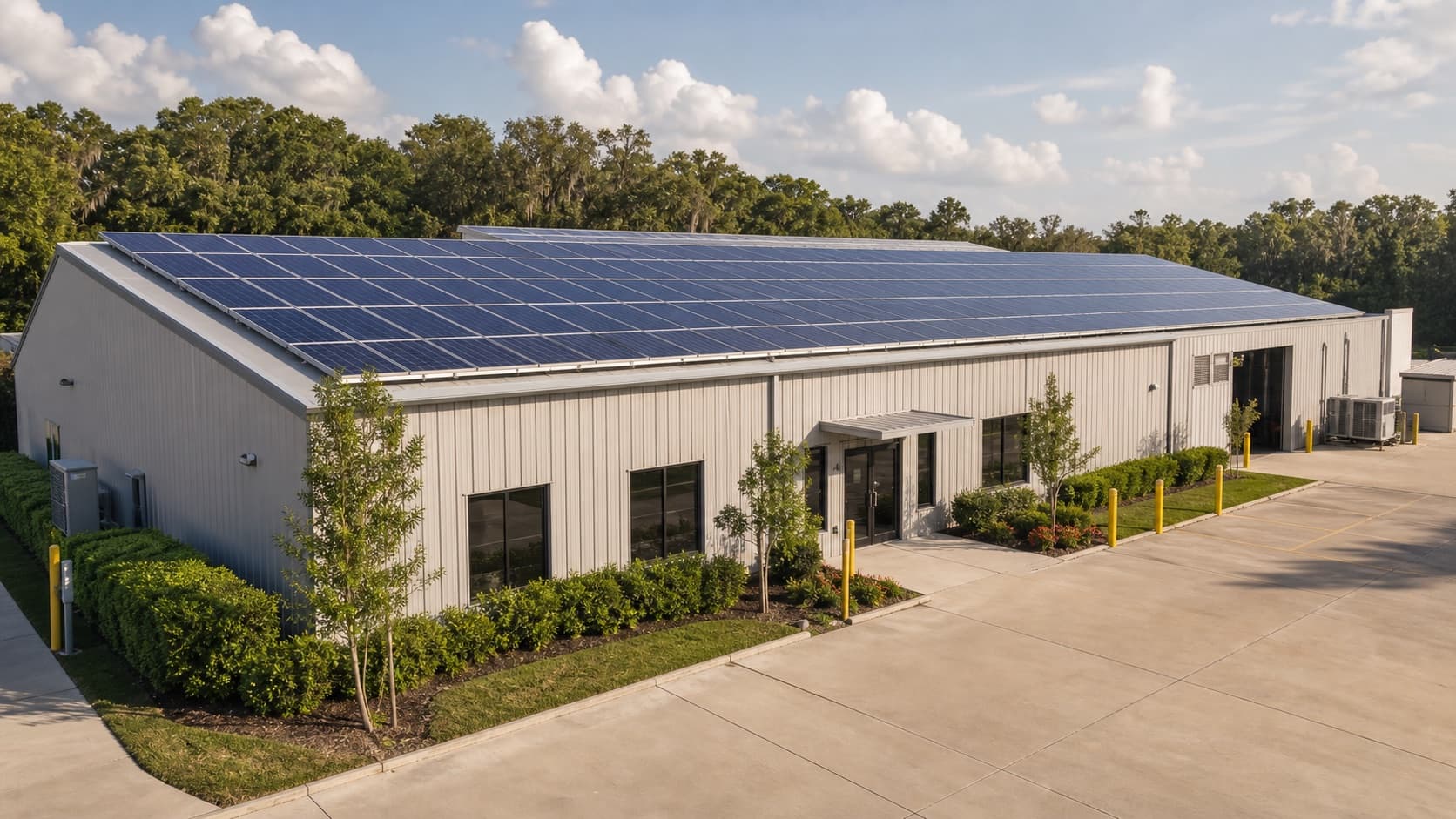 Small commercial building with rooftop solar panels