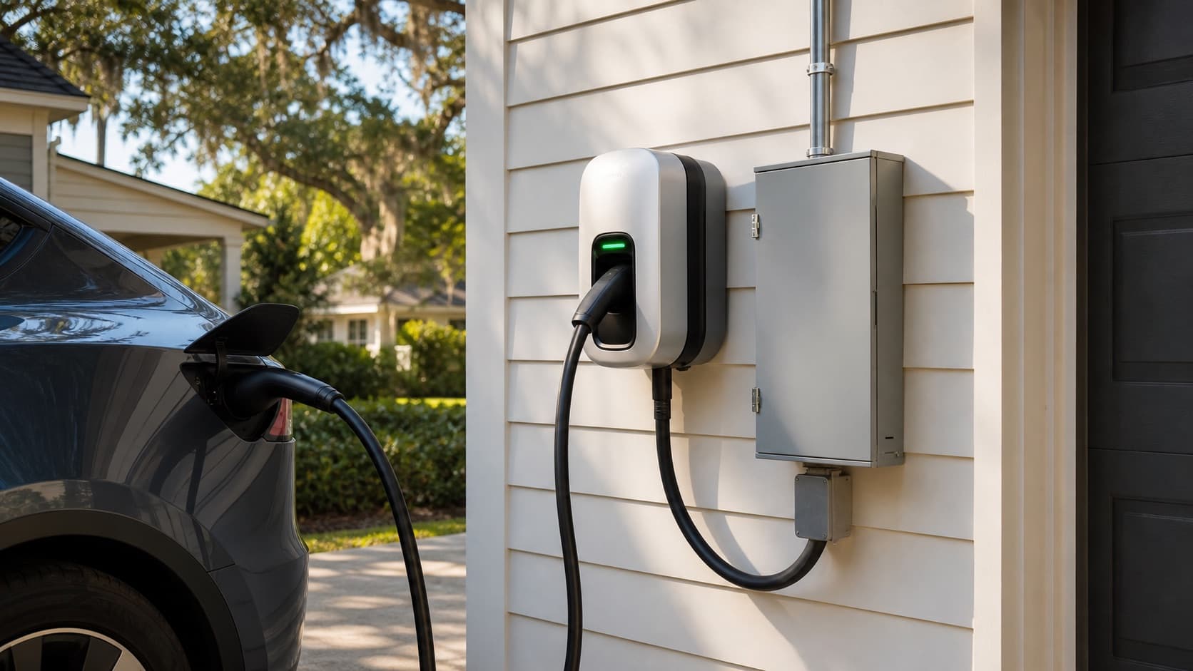 Level 2 home EV charger installed beside conduit on a garage wall