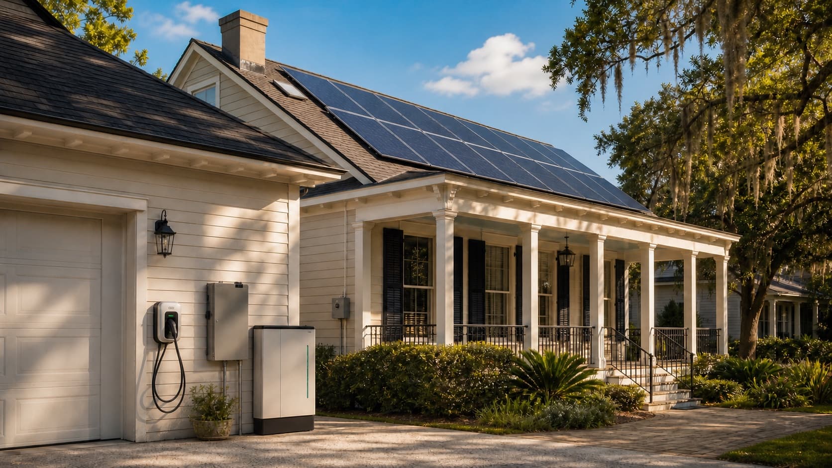 Louisiana home with rooftop solar panels in warm daylight