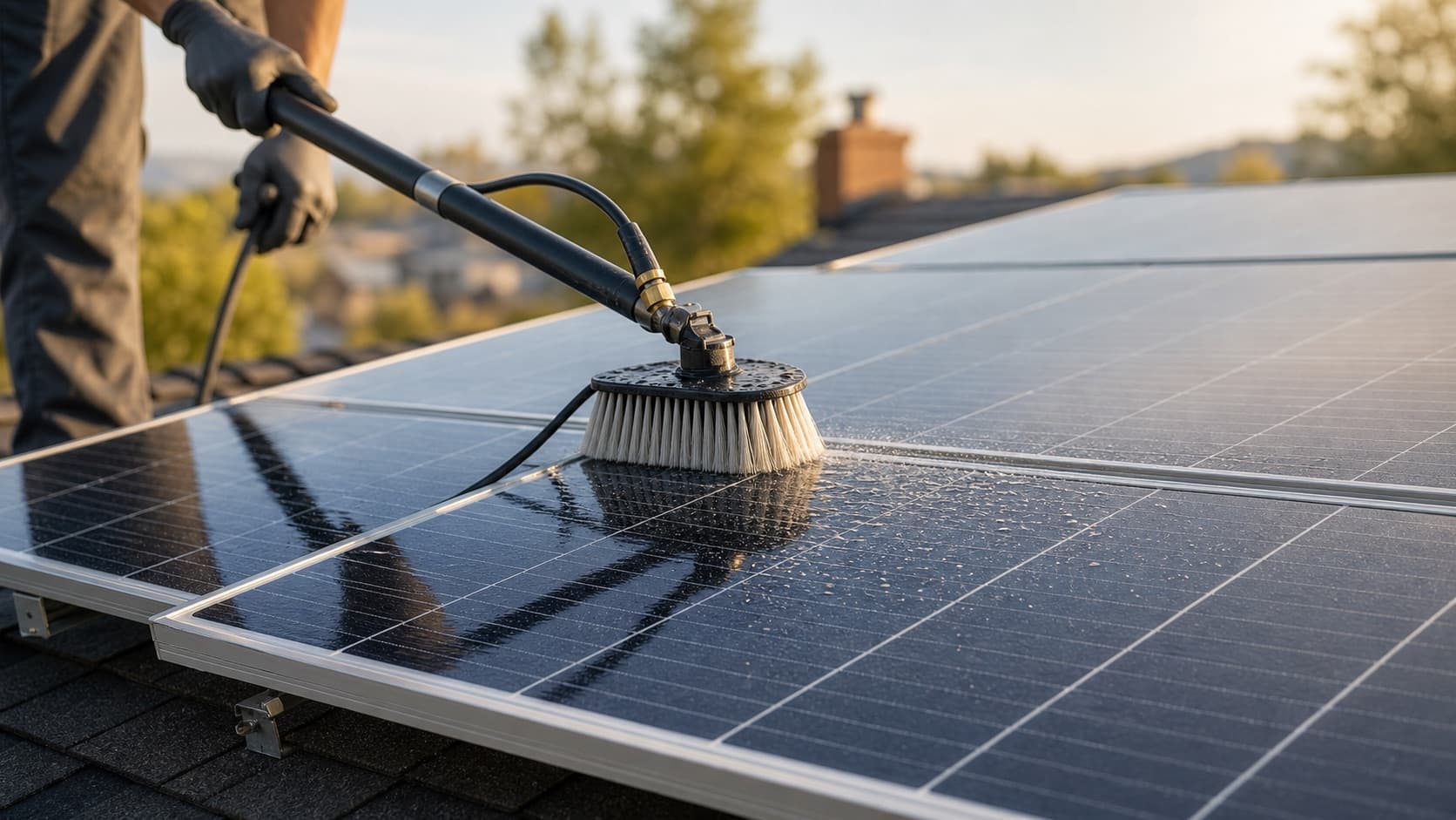 Solar panels being cleaned with a soft brush in warm daylight