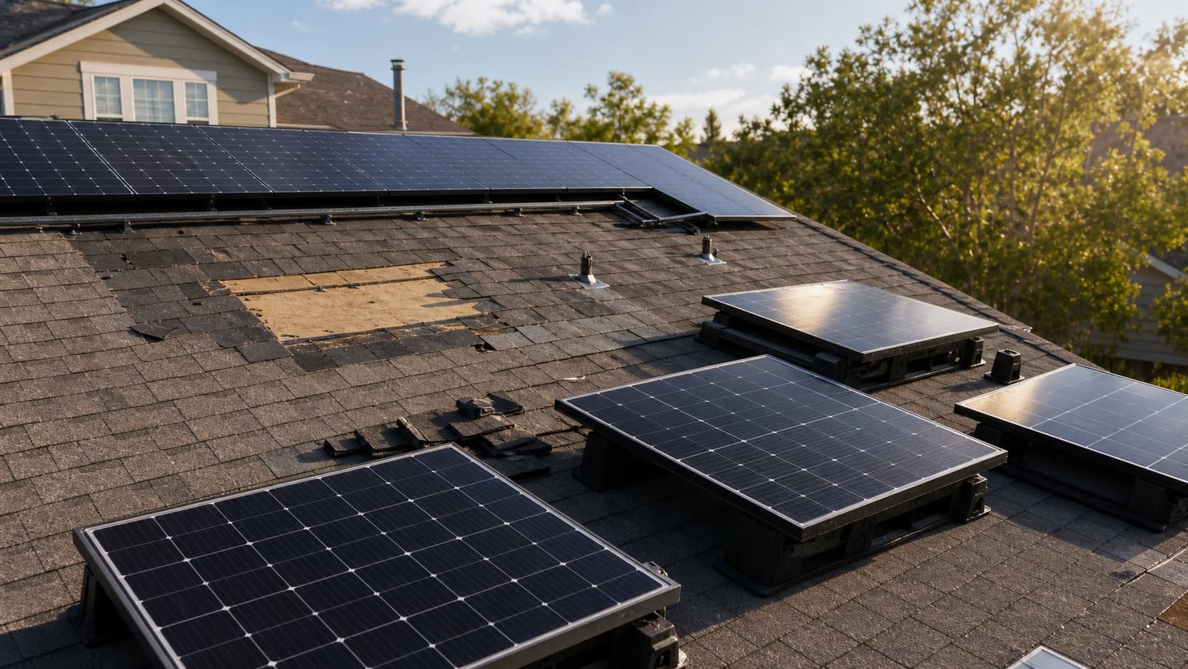 Solar panels carefully staged during roof work