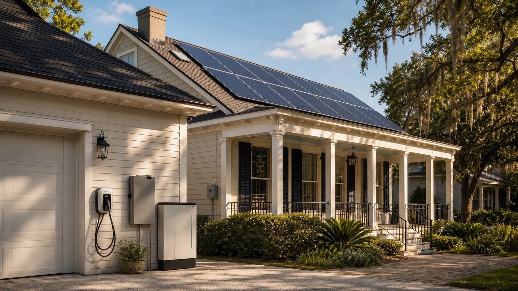 Solar panels on a Louisiana home at golden hour