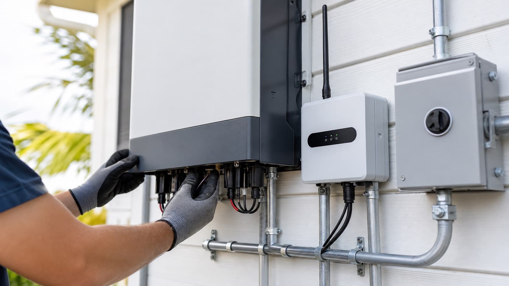 Solar service technician inspecting inverter and monitoring equipment
