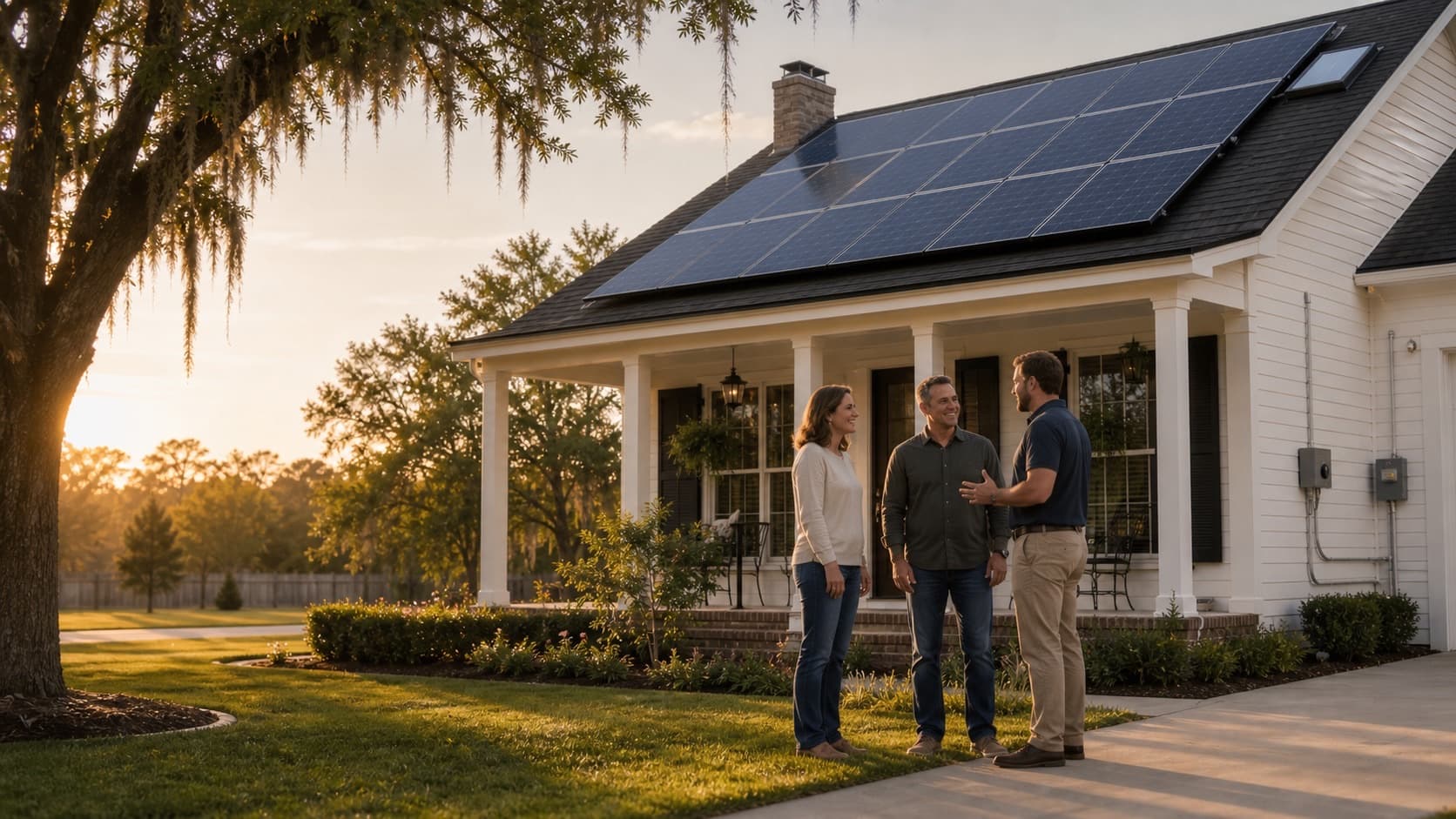 Homeowners outside a Louisiana-style home with rooftop solar panels