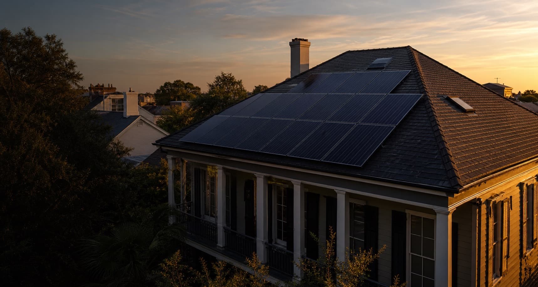 Rooftop solar installation on a Louisiana style home