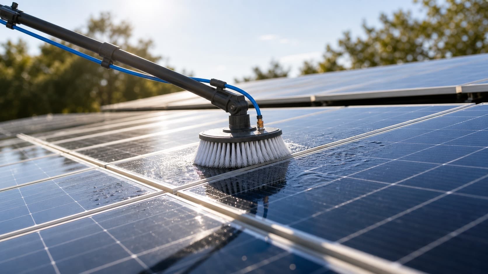 Solar panels being cleaned with professional equipment