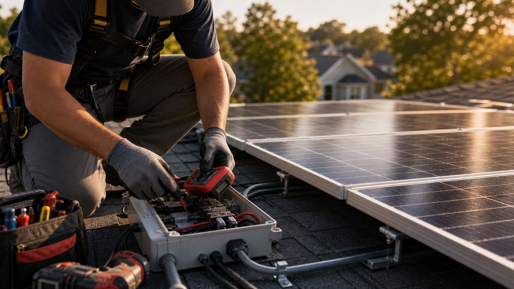 Solar technician checking rooftop solar equipment