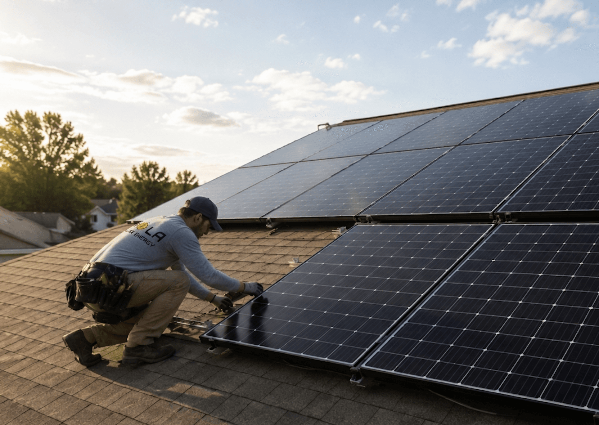 Solar system upgrade with rooftop panels and battery equipment